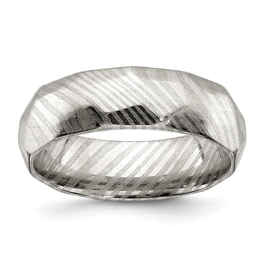 Chisel Damascus Steel Polished Faceted 7mm Band