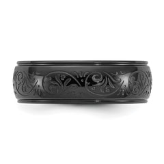 Chisel Stainless Steel Polished Black IP-plated Etched Design Ridged Edge 7.5mm Band