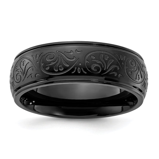 Chisel Stainless Steel Polished Black IP-plated Etched Design Ridged Edge 7.5mm Band