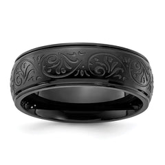 Chisel Stainless Steel Polished Black IP-plated Etched Design Ridged Edge 7.5mm Band