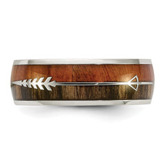 Chisel Stainless Steel Polished with Wood Inlay Arrow 8mm Band