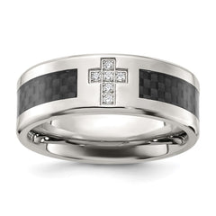 Chisel Stainless Steel Polished with Black Carbon Fiber Inlay CZ Cross 8mm Band