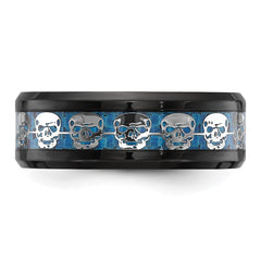 Chisel Stainless Steel Polished Black IP-plated Skulls with Blue Carbon Fiber Inlay 8mm Band