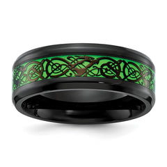 Chisel Stainless Steel Polished Black IP-plated Dragon Design with Green Glow in the Dark Enamel 8mm Band