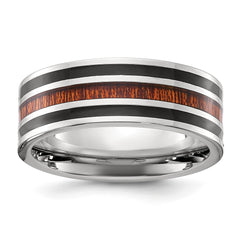 Chisel Stainless Steel Polished with Black Resin and Wood Inlay 8mm Band