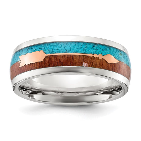 Chisel Stainless Steel Polished Arrow with Turquoise and Wood Inlay 8mm Band