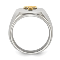 Chisel Stainless Steel Polished with Diamond-cut 14K Gold Accent Cross Oval Signet Ring