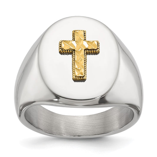 Chisel Stainless Steel Polished with Diamond-cut 14K Gold Accent Cross Oval Signet Ring