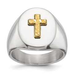 Chisel Stainless Steel Polished with Diamond-cut 14K Gold Accent Cross Oval Signet Ring
