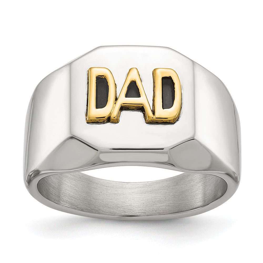 Chisel Stainless Steel Polished with 14K Gold Accent DAD with Black Enamel Signet Ring