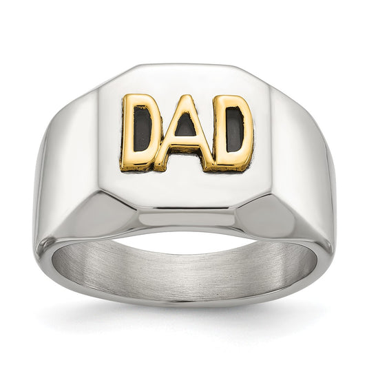 Chisel Stainless Steel Polished with 14K Gold Accent DAD with Black Enamel Signet Ring