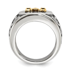 Chisel Stainless Steel Polished with 14K Gold Accent and .01ct Diamond DAD with Black Enamel Shield Ring