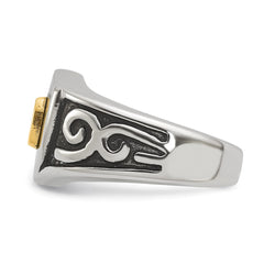 Chisel Stainless Steel Polished with 14K Gold Accent and .01ct Diamond DAD with Black Enamel Shield Ring