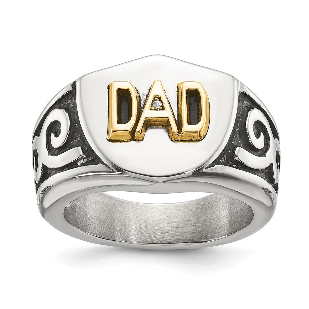 Chisel Stainless Steel Polished with 14K Gold Accent and .01ct Diamond DAD with Black Enamel Shield Ring
