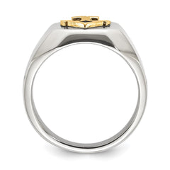 Chisel Stainless Steel Polished with Diamond-cut 14K Gold Accent Anchor with Black Enamel Signet Ring