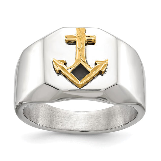 Chisel Stainless Steel Polished with Diamond-cut 14K Gold Accent Anchor with Black Enamel Signet Ring