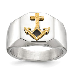 Chisel Stainless Steel Polished with Diamond-cut 14K Gold Accent Anchor with Black Enamel Signet Ring