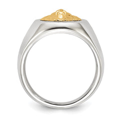 Chisel Stainless Steel Polished with 14K Gold Accent Lion Head Signet Ring
