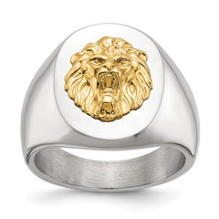 Chisel Stainless Steel Polished with 14K Gold Accent Lion Head Signet Ring