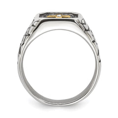 Chisel Stainless Steel Antiqued and Polished Yellow IP-plated with CZ Cross Signet Ring