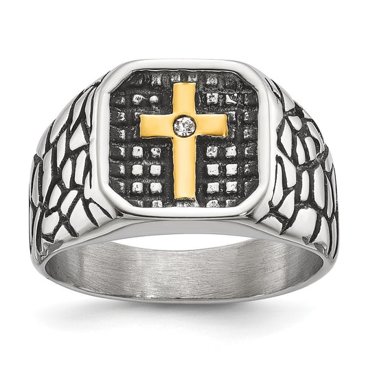 Chisel Stainless Steel Antiqued and Polished Yellow IP-plated with CZ Cross Signet Ring
