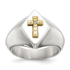 Chisel Stainless Steel Polished with 14K Gold Accent and .01ct. Diamond Cross Signet Ring