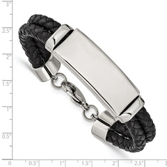 Chisel Stainless Steel Polished Black Woven Leather Multi Strand 8.25 inch ID Bracelet SRB1255-8.25