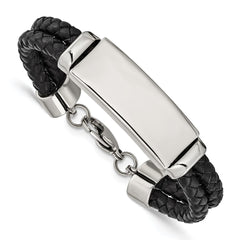 Chisel Stainless Steel Polished Black Woven Leather Multi Strand 8.25 inch ID Bracelet SRB1255-8.25