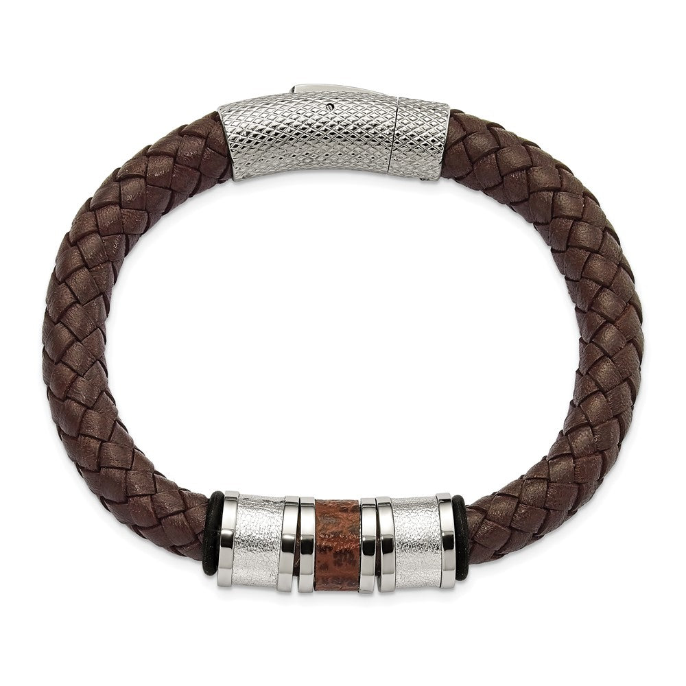 Chisel Stainless Steel Polished and Textured Brown and Metallic Color Leather with Black Rubber 8.25 inch Bracelet SRB1261-8.25
