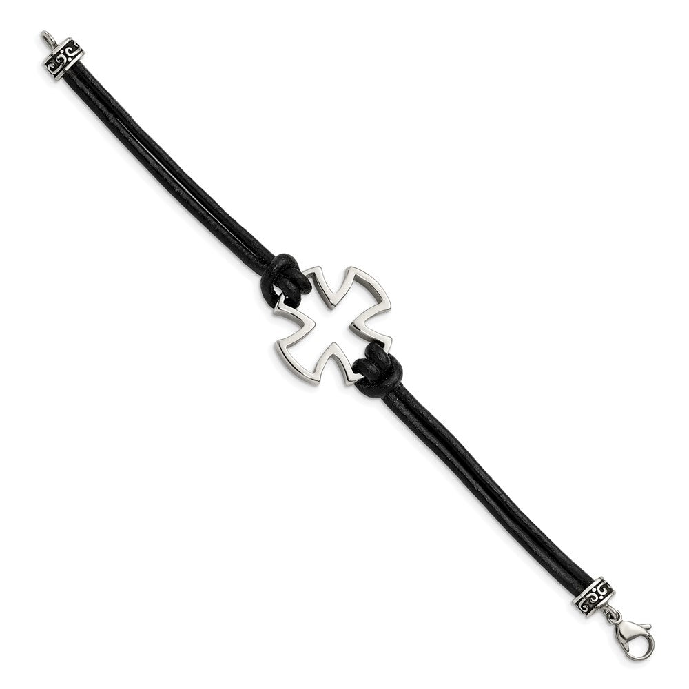 Chisel Stainless Steel Antiqued and Polished Cross Black Leather 8.25 inch Bracelet SRB1264-8.25