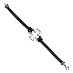 Chisel Stainless Steel Antiqued and Polished Cross Black Leather 8.25 inch Bracelet SRB1264-8.25