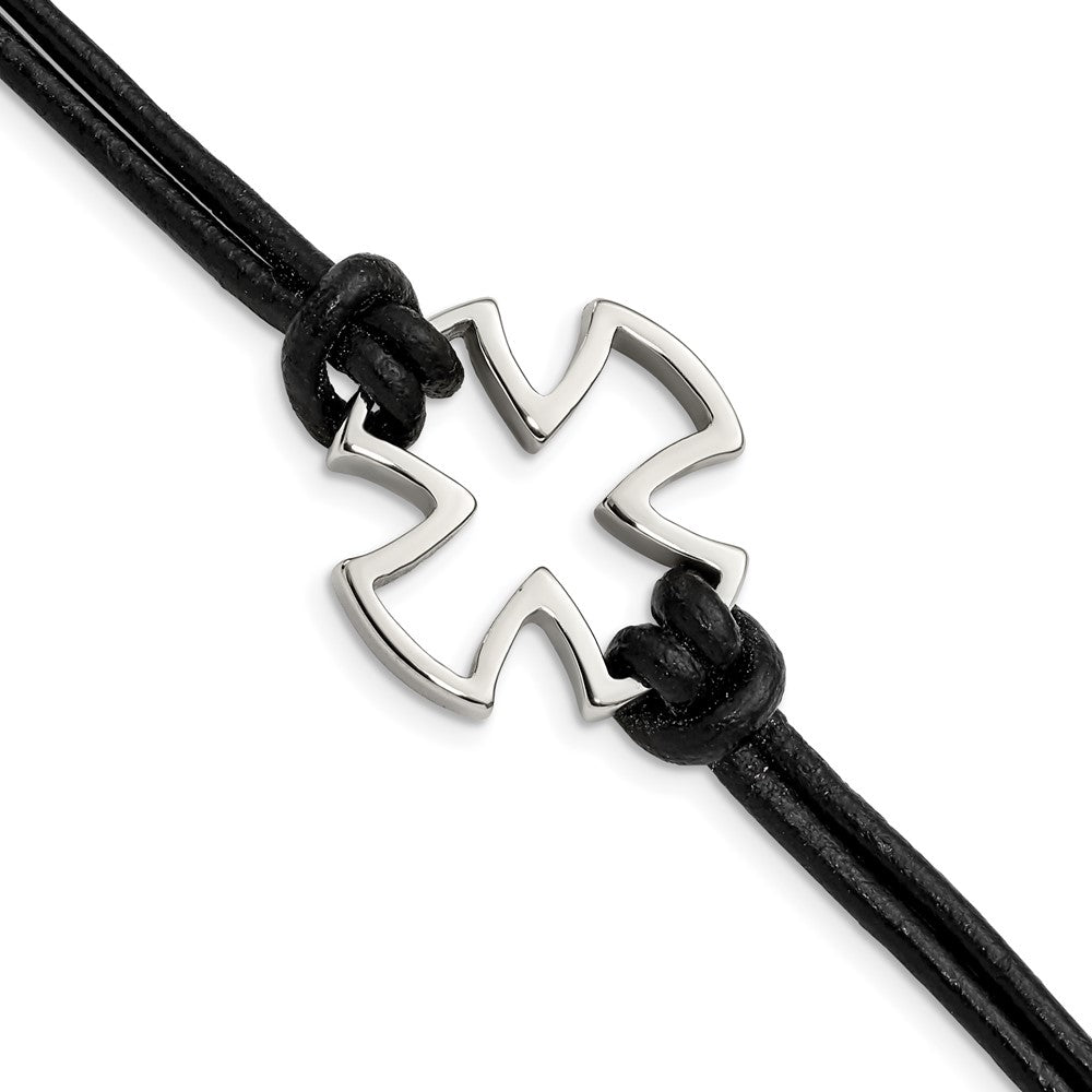 Chisel Stainless Steel Antiqued and Polished Cross Black Leather 8.25 inch Bracelet SRB1264-8.25