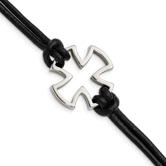 Chisel Stainless Steel Antiqued and Polished Cross Black Leather 8.25 inch Bracelet SRB1264-8.25