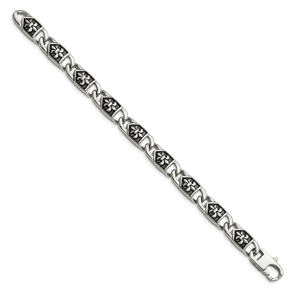 Chisel Stainless Steel Antiqued and Polished Fleur de Lis 8.75 inch Link Bracelet SRB1270-8.75