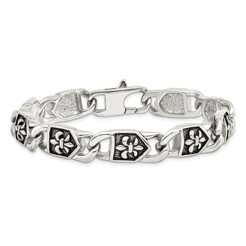 Chisel Stainless Steel Antiqued and Polished Fleur de Lis 8.75 inch Link Bracelet SRB1270-8.75