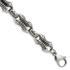Chisel Stainless Steel Antiqued and Polished 8.75 inch Patterned Link Bracelet SRB1271-8.75