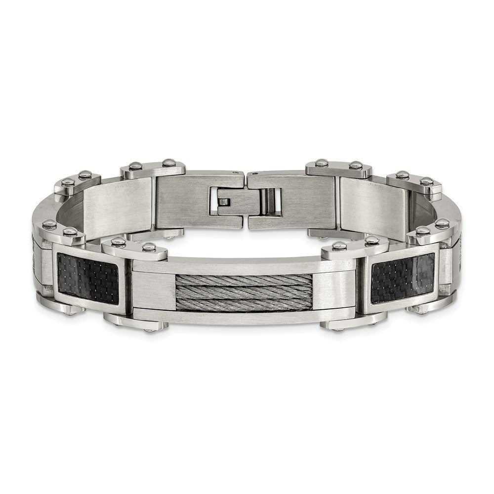 Chisel Stainless Steel Polished with Cable and Black Carbon Fiber Inlay 8.75 inch Link Bracelet SRB128-9