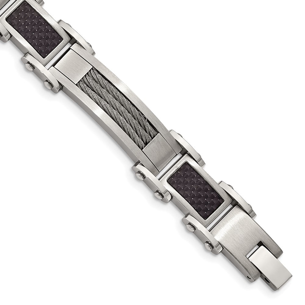 Chisel Stainless Steel Polished with Cable and Black Carbon Fiber Inlay 8.75 inch Link Bracelet SRB128-9