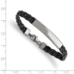 Chisel Stainless Steel Polished Braided Black Leather 8 inch ID Bracelet SRB1326