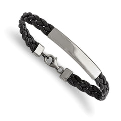 Chisel Stainless Steel Polished Braided Black Leather 7.25 inch ID Bracelet SRB1326