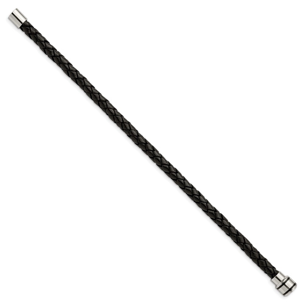 Chisel Stainless Steel Polished Black IP-plated Black Braided Leather 9 inch Bracelet SRB1347-9