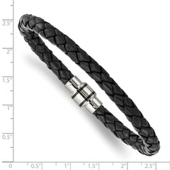Chisel Stainless Steel Polished Black IP-plated Black Braided Leather 9 inch Bracelet SRB1347-9