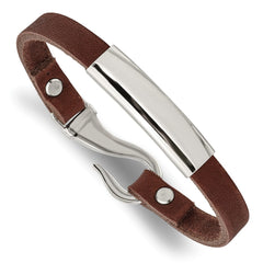 Chisel Stainless Steel Polished Brown Leather 8.5 inch ID Bracelet SRB1363-8.5