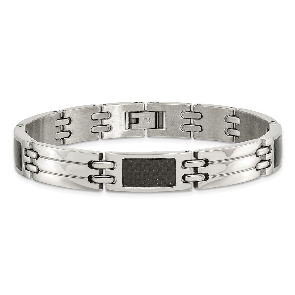 Chisel Stainless Steel Brushed and Polished with Black Carbon Fiber Inlay 8.5 inch Link Bracelet SRB141-8.5