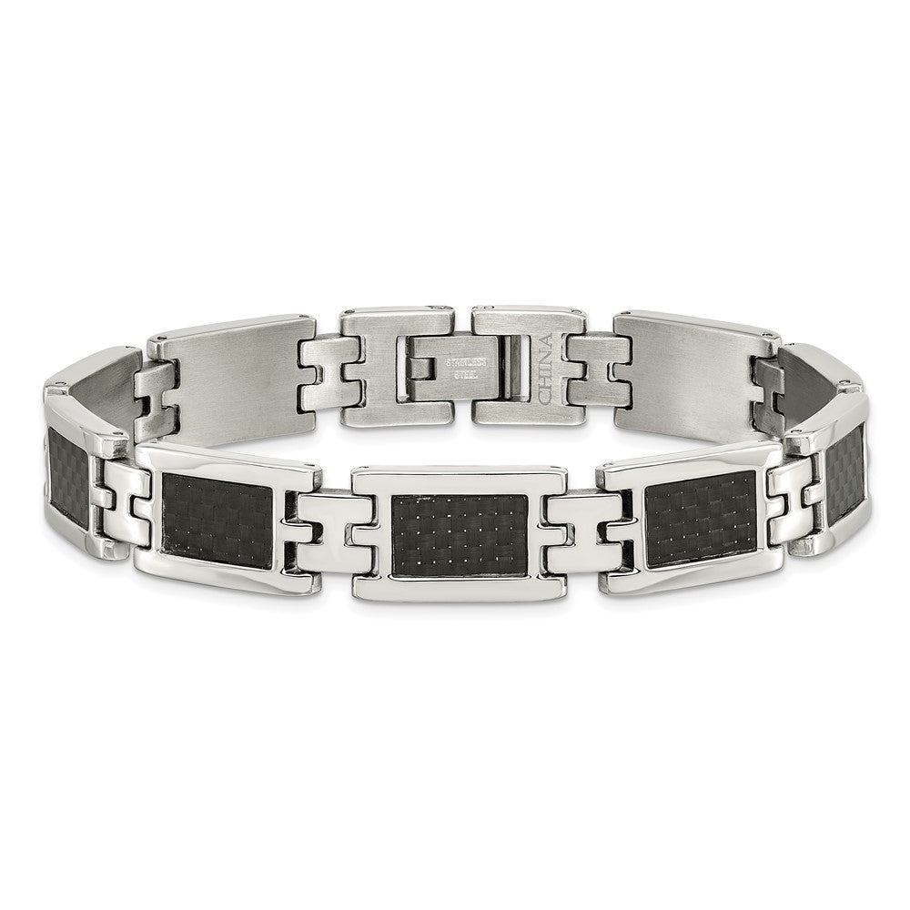 Chisel Stainless Steel Polished with Black Carbon Fiber Inlay 9 inch Link Bracelet SRB146-9.25