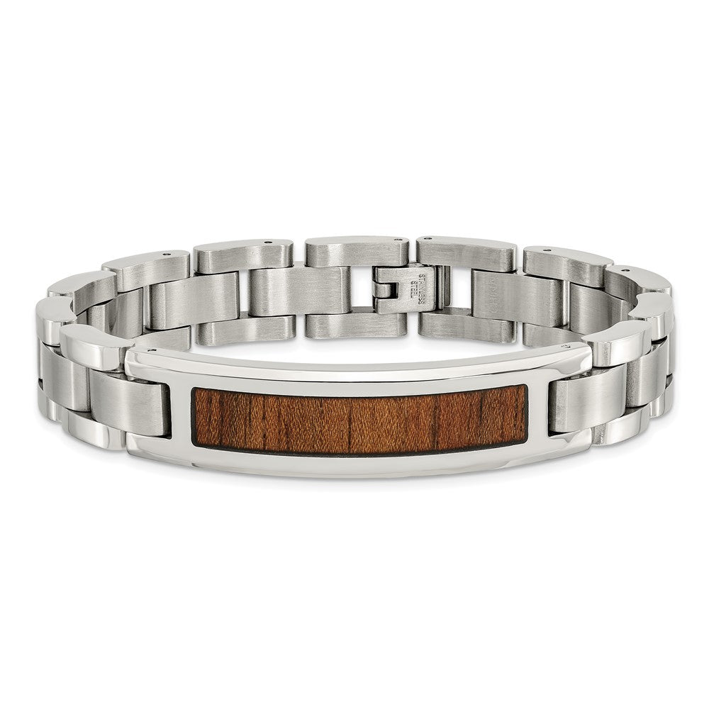 Chisel Stainless Steel Brushed and Polished Enameled with Koa Wood Inlay 8.5in Link ID Bracelet SRB1492-8.5