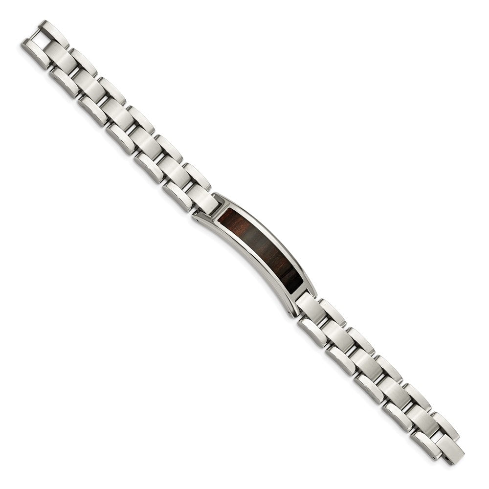Chisel Stainless Steel Polished Enameled Black Koa Wood 8.5 inch Link ID Bracelet SRB1496-8.5