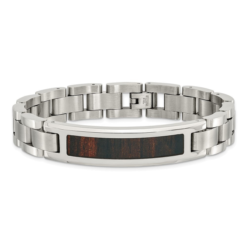 Chisel Stainless Steel Polished Enameled Black Koa Wood 8.5 inch Link ID Bracelet SRB1496-8.5