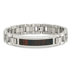 Chisel Stainless Steel Polished Enameled Black Koa Wood 8.5 inch Link ID Bracelet SRB1496-8.5