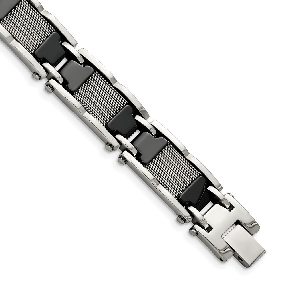 Chisel Stainless Steel Polished Mesh with Black Ceramic 8.25 inch Link Bracelet SRB1523-8.25